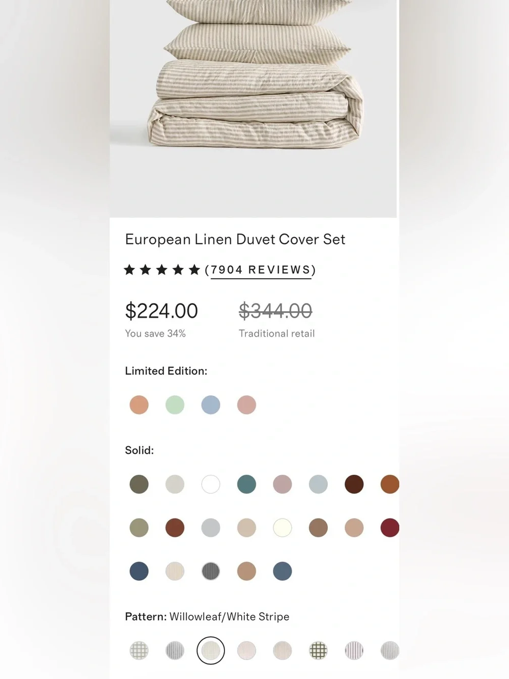 NWOT Quince European Linen Stripe Duvet Cover Set, King/Cal -Willowleaf/White